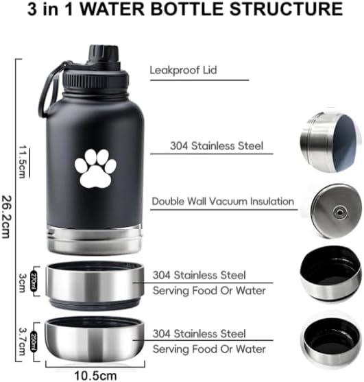 32 Oz Portable Dog Water Bottle & Bowl for Travel- 3 in 1, Stainless Steel, Leak-Proof, Insulated (Curious Cream, 32 Oz)