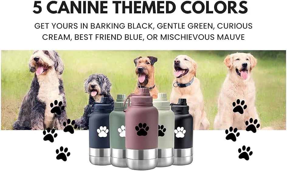 32 Oz Portable Dog Water Bottle & Bowl for Travel- 3 in 1, Stainless Steel, Leak-Proof, Insulated (Curious Cream, 32 Oz)