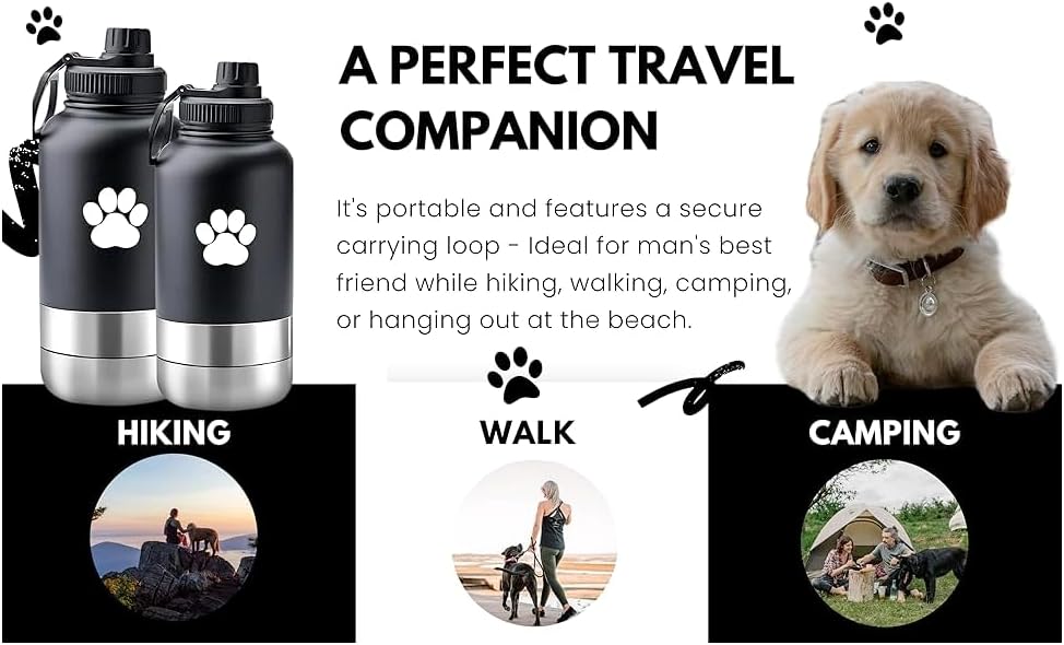 32 Oz Portable Dog Water Bottle & Bowl for Travel- 3 in 1, Stainless Steel, Leak-Proof, Insulated (Curious Cream, 32 Oz)