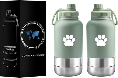 32 Oz Portable Dog Water Bottle & Bowl for Travel- 3 in 1, Stainless Steel, Leak-Proof, Insulated (Curious Cream, 32 Oz)