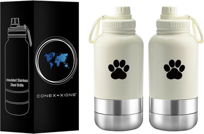 32 Oz Portable Dog Water Bottle & Bowl for Travel- 3 in 1, Stainless Steel, Leak-Proof, Insulated (Curious Cream, 32 Oz)