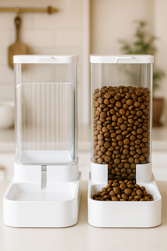 Pet food dispenser with dry kibble on a kitchen counter